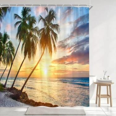 Imagem de Crepúsculo pôr do sol oceano praia cenário externo cortina de chuveiro litoral paisagem natureza tecido poliéster cortinas de banho decoração de banheiro 69x87in-175x220 cm/L x A conjuntos de cortina
