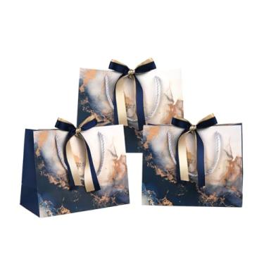 Imagem de DONQE Sacos de presente de papel com alças e fita de laço, 3 peças 24 × 7,87 × 4,72 cm, sacos de lembrancinha de festa reutilizáveis para aniversário, Natal, casamento, azul