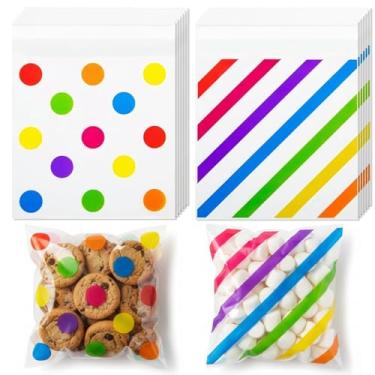 Imagem de 100 sacos de celofane 14 x 13 cm sacos autoselantes para biscoitos (listras de bolinhas arco-íris)