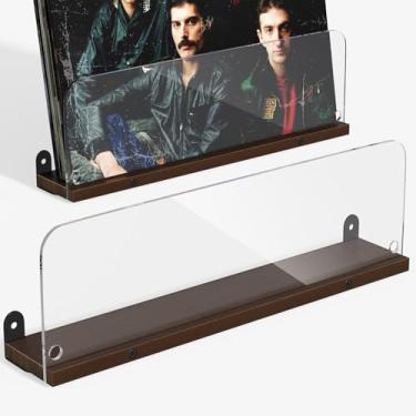 Imagem de AITEE Pacote com 2 prateleiras de parede de disco de vinil, prateleiras de parede flutuantes de acrílico transparente e madeira para exibição de álbum - comporta até 6 LPs, prateleiras de parede