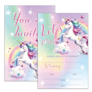 Imagem de Moonle 20 conjuntos de cartões de convites de aniversário de unicórnio mágico, vamos brincar de unicórnio colorido com envelopes, festa de aniversário arco-íris para meninas e meninos, suprimentos de