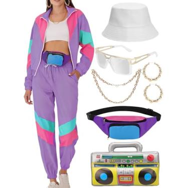 Imagem de VillbeCoser Conjunto de acessórios para fantasia de agasalho feminino dos anos 80 e 90, jaqueta corta-vento neon, Roxa, Medium