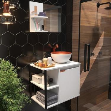 Imagem de Gabinete Banheiro Completo Industrial – Metal Cobre e Madeira com Cuba, Espelheira e Armário, Decoração Moderna para Higiene Doméstica (Branco)