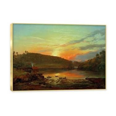 Imagem de NHLDZYH Moldura dourada. Pintura a óleo de paisagem romântica norueguesa famosa, J.C. Dahl, cópia de pintura a óleo clássica emoldurada para sala de estar ou escritório. (paisagem ao pôr do sol). 70 x