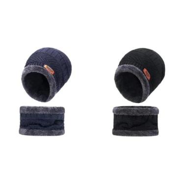 Imagem de Gorro De Inverno Masculino Com Forro De Fleece, Cachecol De Lã Grosso,