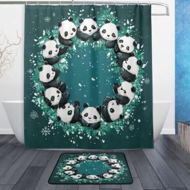 Imagem de xigua Lindo conjunto de tapetes de cortina de banho de guirlanda de Natal panda 2 peças, conjunto temático de banheiro (152 x 182 cm) com cortina de chuveiro e tapete antiderrapante -12 ganchos497