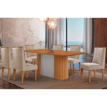 Imagem de Conjunto Sala de Jantar Pilar c/ Tampo Madeirado Canto Curvo 180x90cm e 6 Cadeiras Dafne Madeira Maciça Naturale/Off White - Capuccino/Suede Creme-Ruf