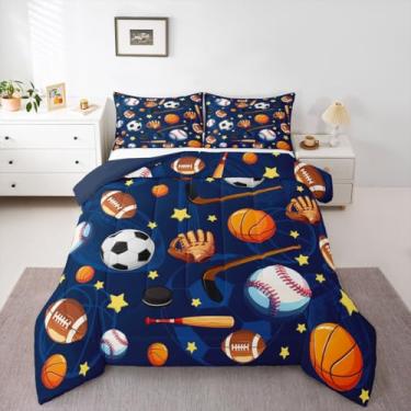 Imagem de Feelyou Jogo de cama casal de futebol, basquete, beisebol, hóquei, para crianças, meninos, meninas, esportes, azul marinho, edredom para decoração de quarto de microfibra, 3 peças com 2 fronhas