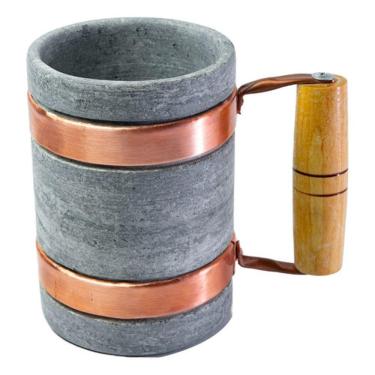 Imagem de Caneca Pedra Sabão Com Alça De Cobre E Madeira 600 Ml