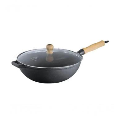 Imagem de Panela Frigideira Wok Em Ferro Fundido Com Tampa Vidro 28 Cm.