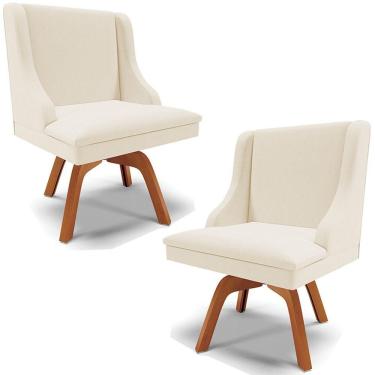 Imagem de Kit 2 Cadeiras Decorativas Sala De Jantar Base Giratória De Madeira Firenze Linho Bege/natural G19 - Gran Belo
