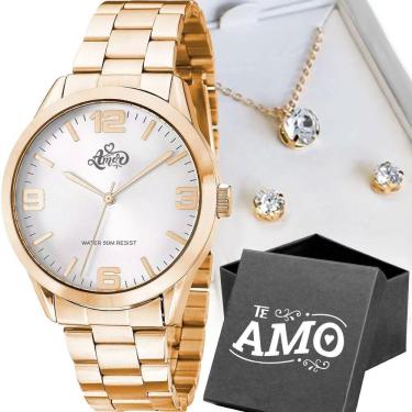 Imagem de Colar + Relogio Feminino Aço Dourado + Pulseira + Caixa Strass Edição Limitada Social Inoxidavel