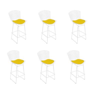 Imagem de Kit 6 Banquetas Bistrô Bertoia Branca D70 Com Assento Amarelo