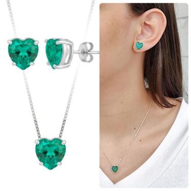 Imagem de Kit Colar Brinco Prata 925 Coração Verde Zircônia Banhado - Morganitte