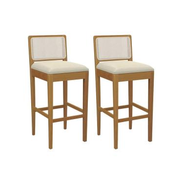 Imagem de Banqueta Cozinha Sara 1BMM005CA Premium Madeira Maciça Kit 2 Un Carvalho/Linho Bege Argila/Tela Bege - Kappesberg