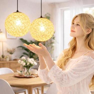 Imagem de 2 x Luminárias Pendentes 20cm Globo Rattan Natural Lustre Rústico Bola