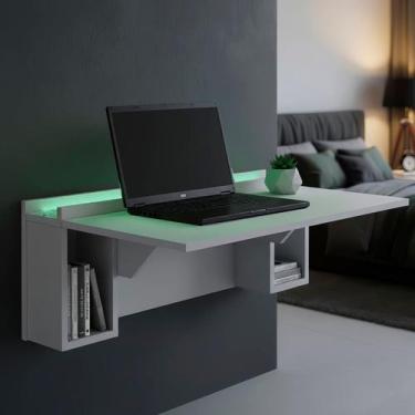 Imagem de Escrivaninha Mesa Dobrável com Nichos e Led Verde Neon 78,5cm Branco -