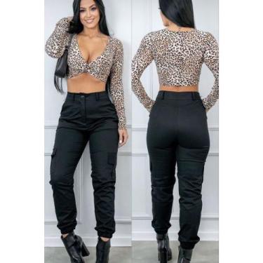 Imagem de Calça Jogger Cargo Sarja Skatista Feminina Com Bolso - Natalia Store, 