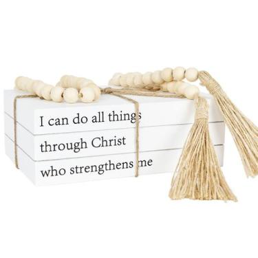 Imagem de Livros decorativos OMISHE White Faux Books com guirlanda de miçangas d