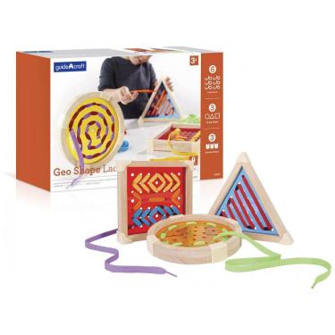 Imagem de Brinquedo educativo Guidecraft Geo Shape Lacing madeira colorido, 3 placas para costurar formas geométricas, 6 cadarços multicoloridos