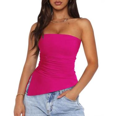 Imagem de Blusa PRETTYGARDEN Top sem alça Vermelho Rosado Médio com Franzido Lat