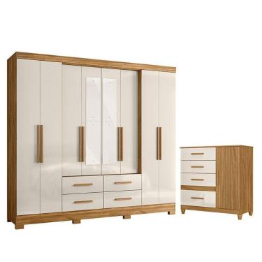 Imagem de Guarda Roupa Casal San Lorenzo com Espelho e Cômoda Vênus com Pés Freijó Off White – Moval