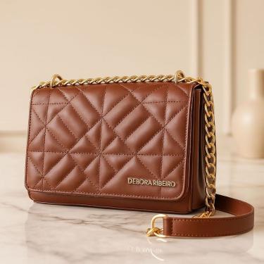 Imagem de Bolsa Feminina Transversal OEM Débora Ribeiro em Sintético e Couro Ecológico 21cm Caramelo