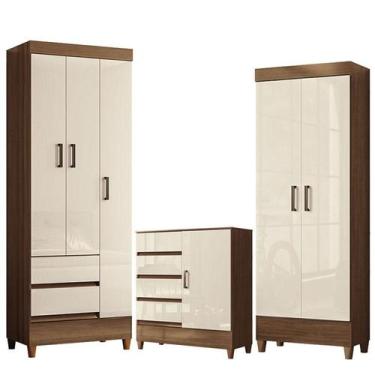 Imagem de Guarda Roupa Solteiro 3 Portas com Pés com Cômoda 1 Porta e 4 Gavetas 