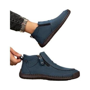 Imagem de Tênis De Couro Artesanal Masculino Com Zíper, Botas Casuais Planas Par