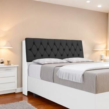 Imagem de Cabeceira Estofada Yasminne Casal em MDF-MDP para Cama 1,40 Branca com Capitonê Preto 146x119cm