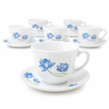 Imagem de Jogo de Xícaras para Chá e Café com Pires Floral Vidro Resistente 12 Peças Mesa Posta Elegante Branco Fratelli