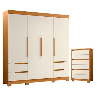 Imagem de Kit Guarda Roupa e Cômoda Vivacce Unno 4 Portas 6 Gavetas MDP Off White Albatroz Móveis