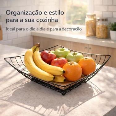 Imagem de Fruteira Aramada De Mesa Preta Com Base De Madeira Moderna 25cm Quadra