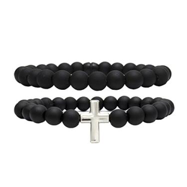 Imagem de Kit C/02 Pulseiras de Bolinha Preta Masculina Cruz Crucifixo Prata Níquel (16cm)