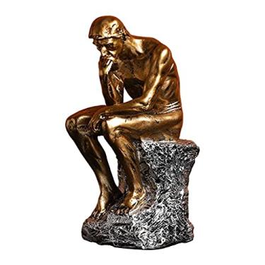 Imagem de Fenteer Arte de escultura abstrata - Homem pensante - Decoração de casa Decoração de estátua decorativa Resina Pensador Estátua Homem Pensando Enfeite de mesa - Dourado
