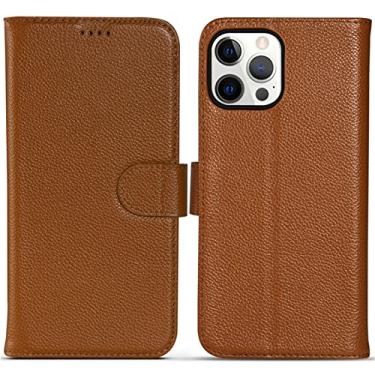 Imagem de Capa de couro genuíno para iPhone 14/14 Pro/14 Plus/14 Pro Max, carteira flip magnética suporte de cartão suporte à prova de choque TPU Shell capa anti-arranhões, marrom, 14 plus 6,7 polegadas