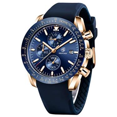 Imagem de BENYAR Relógios Masculinos de Quartzo, Cronógrafo, Marca de Luxo, À Prova d'Água, Pulseira de Couro Marrom, Dourado, Azul - J