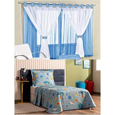 Imagem de Cortina Juvenil Quarto Menino e Colcha Matelada Foguete - Azul