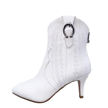 Imagem de Frankie Hsu Botas femininas de cowboy ocidentais bordadas no tornozelo costura azul denim amêndoa salto médio gatinho moda retrô prata fivela em forma de U clássica tornozelo largo tamanho grande bota