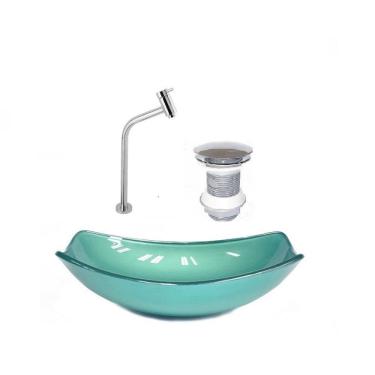Imagem de Kit Cuba de Vidro + Torneira para Lavatório Oval Chanfrada 36cm Verde