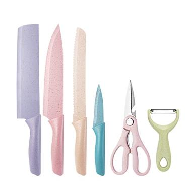 Imagem de Conjunto de facas coloridas, 6 peças de facas profissionais de aço inoxidável com caixa de presente, conjunto de facas de chef para cortar, fatiar, aparar e cozinhar