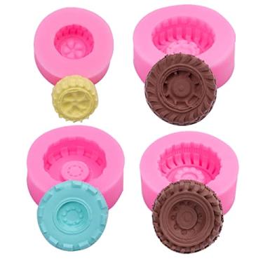 Imagem de 4 moldes redondos 3D para fondant de pneu para roda de caminhão, moldes de silicone para decoração de bolos de artesanato, biscoitos de biscoito, chocolate, doces, argila de polímero, sabonete, geleia