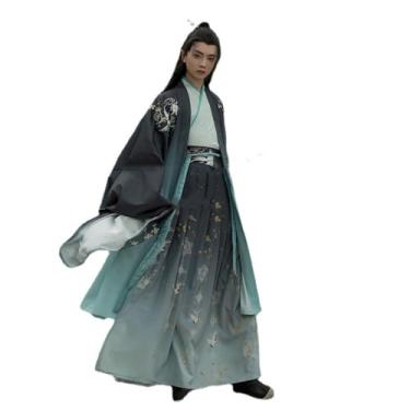 Imagem de YTDJJWLS Fantasia antiga camisa de manga grande bordada terno casal dois tons Hanfu, Azul, GG