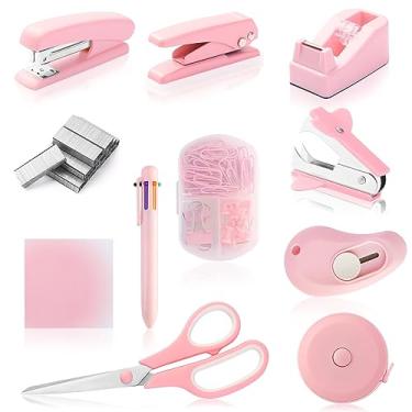 Imagem de Kit de acessórios de mesa rosa fofo conjunto de grampeador de mesa inclui removedor de grampeadores, dispensador de fita perfurada, caneta esferográfica, mini caixa cortadora, fita métrica, clipes de