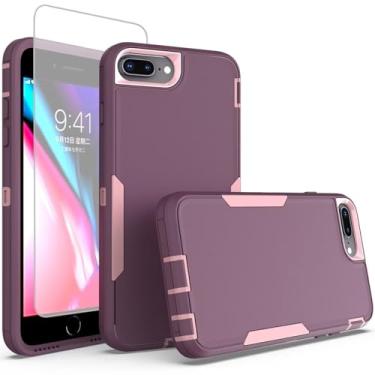 Imagem de Sidande Capa para iPhone 7 Plus, iPhone 8 Plus com protetor de tela de vidro temperado, suporte de camada dupla robusta magnética para iPhone 7 Plus/8 Plus 5,5 polegadas, roxo e rosa