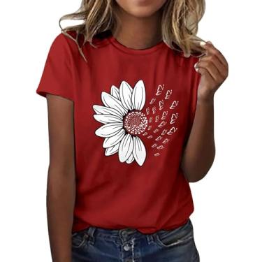 Imagem de Camiseta feminina de verão com estampa de girassol, gola redonda, caimento solto, camisetas de treino de manga curta, Vermelho, GG