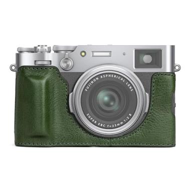 Imagem de MUZIRI KINOKOO Capa Fuji X100VI, meia capa protetora de couro genuíno compatível com câmera Fujifilm X100VI - com abertura inferior e design de mão, Verde, Retrô elegante