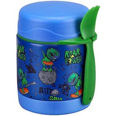 Imagem de Pote térmico para sopa de 293 ml para comida quente infantil, para almoço quente, de aço inoxidável, com boca larga, com colher (Azul dinossauro)