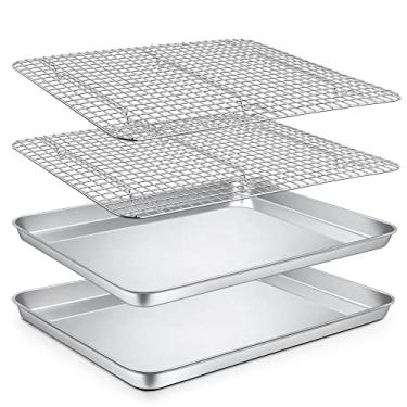 Imagem de P&P CHEF Conjunto de assadeira e rack de 40,6 cm, assadeiras de aço inoxidável, bandejas de forno com grades de resfriamento para cozinhar e assar, seguro para forno e lava-louças, (4 peças)