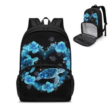 Imagem de Tomeusey Mochila térmica para almoço com compartimento para refeições, mochila casual de caminhada com bolsos laterais para garrafa, Tartaruga floral